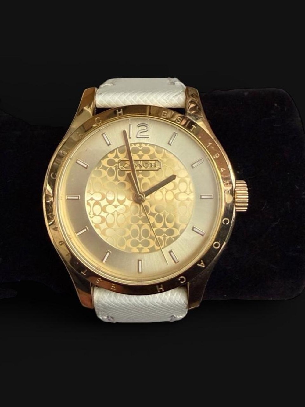 Coach Gold-Tone Logo Pattern Watch with White Strap
